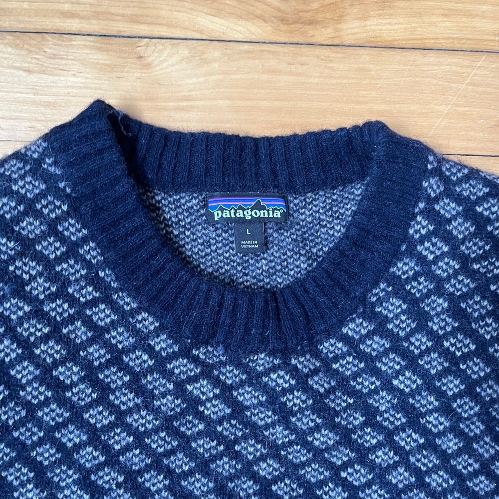 Patagonia Mens Navy Blue Recycled Wool Blend Fair Isle Crewneck Sweater Large